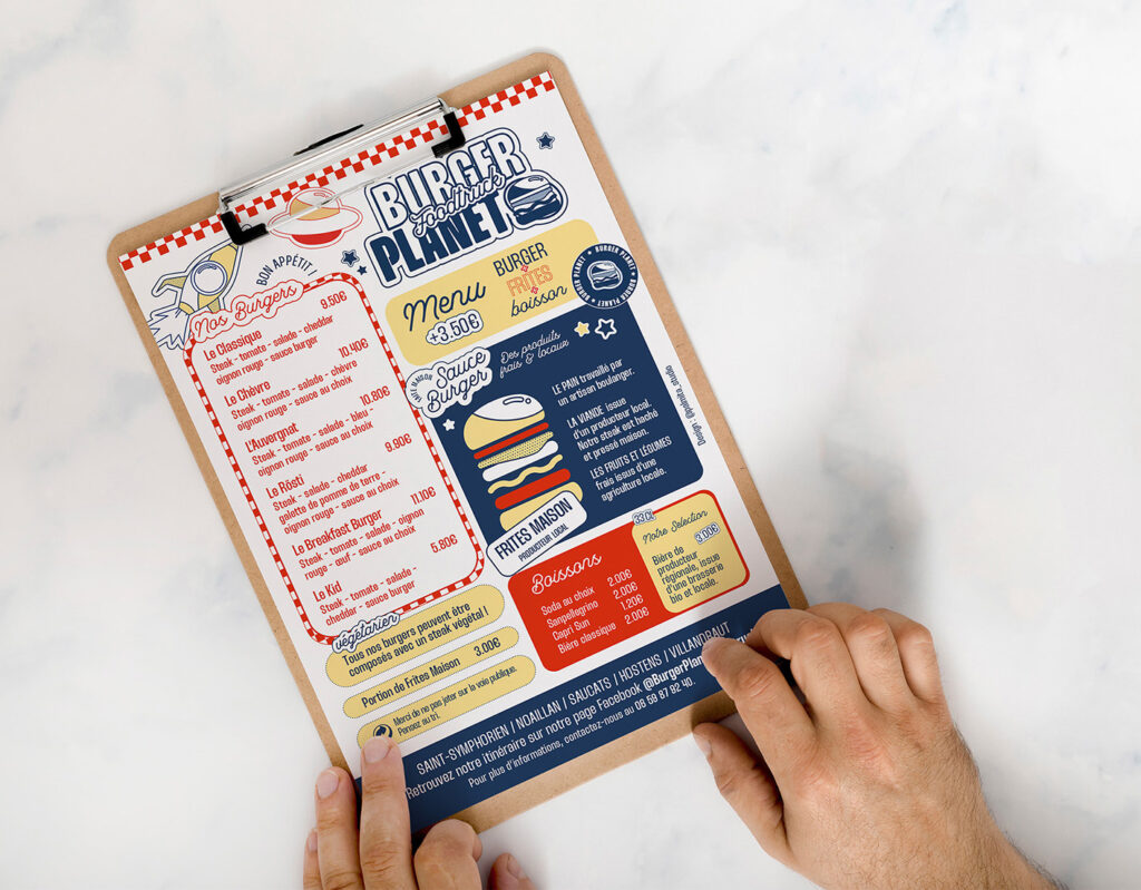 Flyer Foodtruck Saint-Symphorien, Noaillan, Saucats, Villandraut, Hostens, graphic design, illustration, identité visuelle burger planet